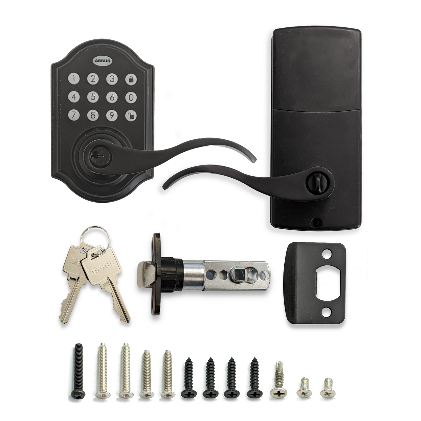 A325-SL - ASSUR Keyless Entry Door Lock Smart Door Locks Electronic Door Lock with Handle Lever, One-Touching Locking, Up to 50 Pin Codes Ideal for Home Office Condo Garage Rental Unit (Black)