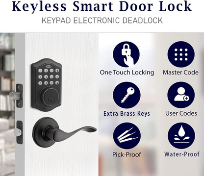 The Electric Smart Door Lock is a bronze-finished lock made of zinc alloy with dimensions of 1358026mm and a weight of 3.84 lbs. It operates on DC6V with 4 AAA batteries and is suitable for doors with a thickness of 35mm-60mm and a center distance of 60mm or 70mm. This smart lock offers two ways to unlock, using a password or a mechanical key.