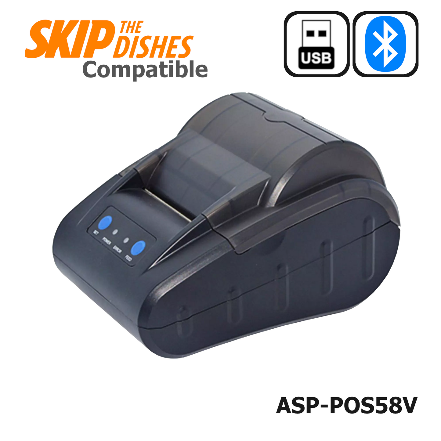 ASP-POS58V - Thermal Receipt printer is easy to set up with Android tablets, compatible with SKIP the Dishes, offers USB and Bluetooth connectivity, supports various POS applications, kitchen and network printing, and provides high-speed printing at 50mm/s with excellent quality and reliability. 